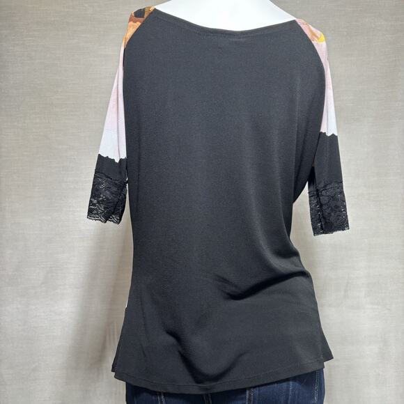 Bisou Bisou Black Pink Watercolor Floral Top Short Sleeve Lace Detail Artsy XL - Picture 2 of 8